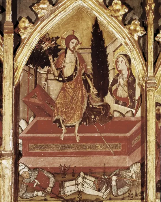 Framed Print : SERRA, Jaume (1358-1397); SERRA, Pere (1343-1406). Altarpiece of the Virgin. 1362 - 1375. Rright side upper detail of the resurrection. Tempera on wood. SPAIN. Barcelona
