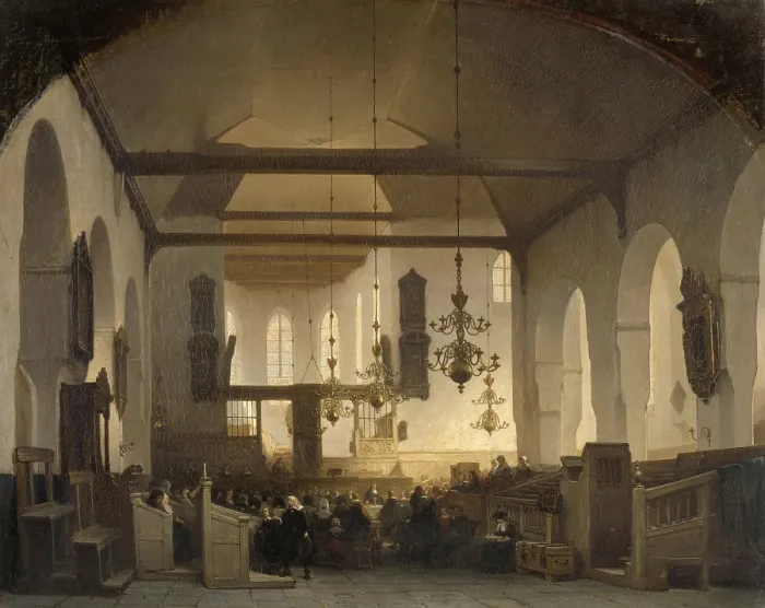Framed Print : A Service in the Geertekerk, Utrecht, by Johannes Bosboom, 1852, Dutch painting, oil on canvas. Parishioners are wearing 17th century clothing Framed Print : A Service in the Geertekerk, Utrecht, by Johannes Bosboom, 1852, Dutch painting, oil on canvas. Parishioners are wearing 17th century clothing