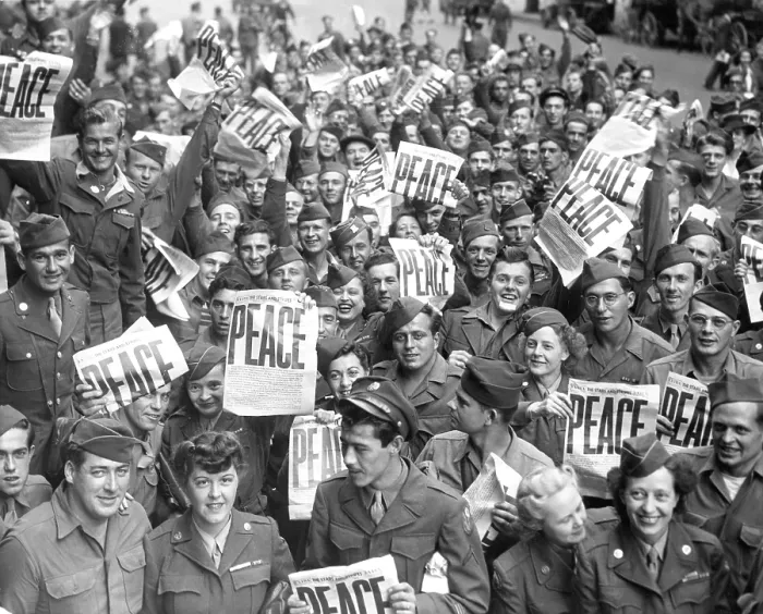Framed Print : Service men and women send up cheers at news of Japanese capitulation, 9 / 2 / 45.. Courtesy: CSU Archives / Everett Collection Framed Print : Service men and women send up cheers at news of Japanese capitulation, 9 / 2 / 45.. Courtesy: CSU Archives / Everett Collection