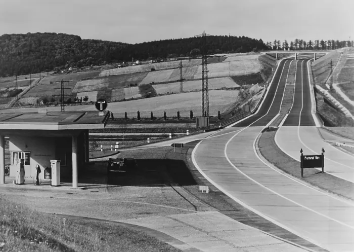 Framed Print : Service Station of the German Autobahn a four lane divided highway with entrance and exit ramps. Ca. 1938. LC-USZ62-128818