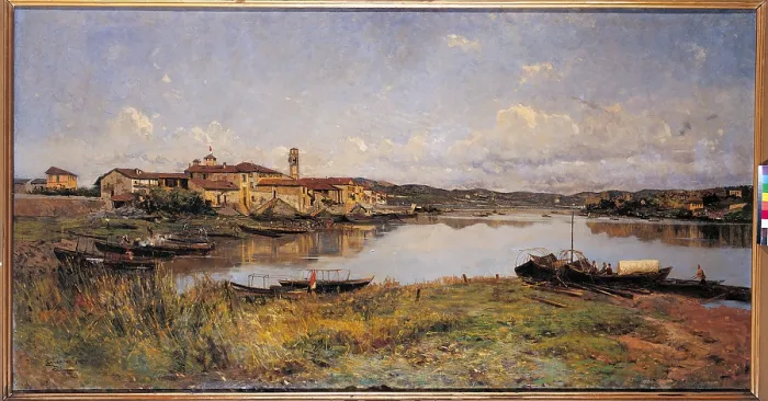 Framed Print : Sesto Calende, by Lorenzo Gignous, 1884, 19th Century, oil on canvas, cm 100 x 195 - Italy, Lombardy, Milan, Brera Academy of Fine Art Collections Framed Print : Sesto Calende, by Lorenzo Gignous, 1884, 19th Century, oil on canvas, cm 100 x 195 - Italy, Lombardy, Milan, Brera Academy of Fine Art Collections
