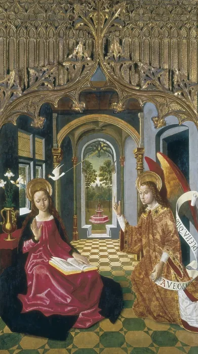 Framed Print : SEU D URGELL, Master of (12th century). The Annunciation. ca. 1490. The work probably formed part of the same altarpiece as the Saint Jerome. International gothic