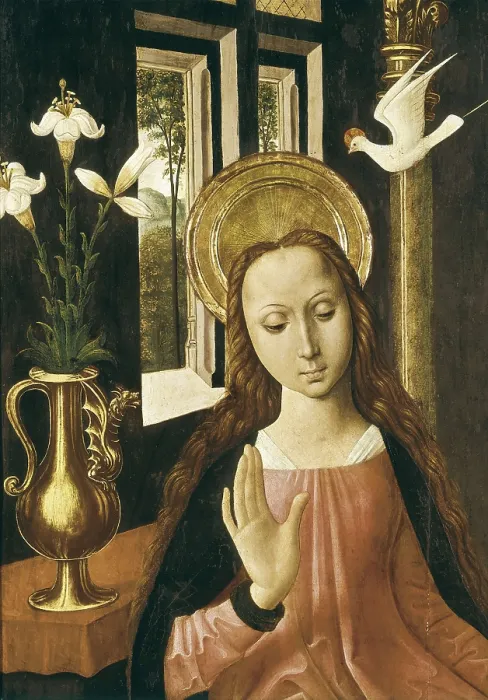 Framed Print : SEU D URGELL, Master of (12th century). The Annunciation. ca. 1490. Dtail. The work probably formed part of the same altarpiece as the Saint Jerome. Tempera on wood. SPAIN
