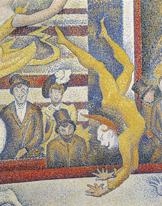 Framed Print : SEURAT, Georges (1859-1891). The Circus. 1891. Right central detail, the acrobat. Work begun by Seurat but finished by his friends. Pointillism. Oil on canvas. FRANCE. Paris