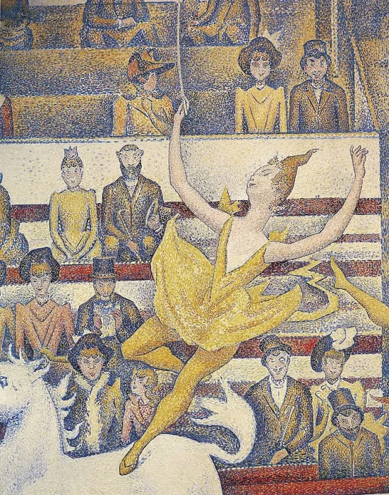 Framed Print : SEURAT, Georges (1859-1891). The Circus. 1891. Central detail of the acrobat. Work begun by Seurat but finished by his friends. Pointillism. Oil on canvas. FRANCE. Paris Framed Print : SEURAT, Georges (1859-1891). The Circus. 1891. Central detail of the acrobat. Work begun by Seurat but finished by his friends. Pointillism. Oil on canvas. FRANCE. Paris