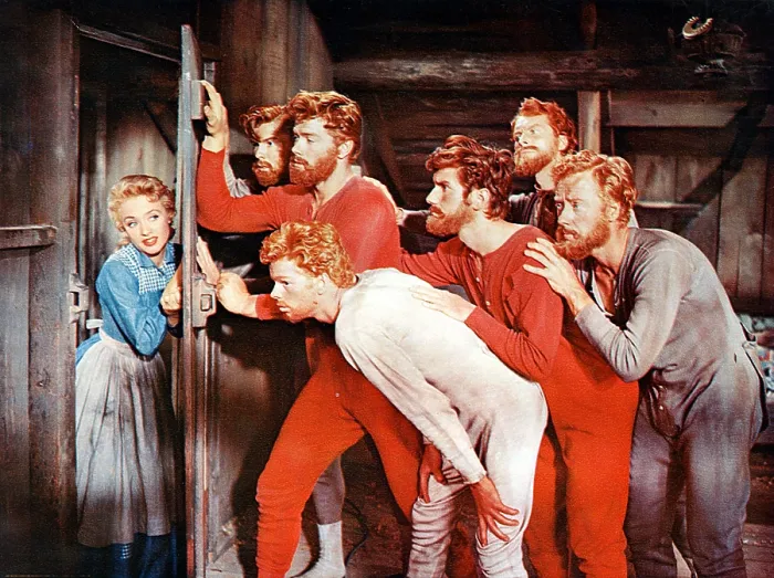 Framed Print : SEVEN BRIDES FOR SEVEN BROTHERS, Jane Powell, Jacques D'Amboise, Jeff Richards, Russ Tamblyn, Tommy Rall, Matt Mattox, Marc Platt, 1954