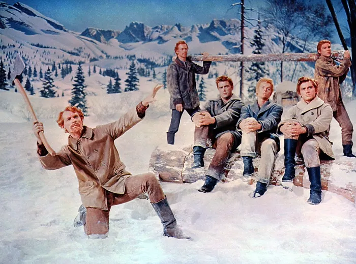 Framed Print : SEVEN BRIDES FOR SEVEN BROTHERS, Matt Mattox, Marc Platt, Jeff Richards, Russ Tamblyn, Tommy Rall, Jacques D'Amboise, 1954
