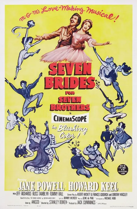 Framed Print : SEVEN BRIDES FOR SEVEN BROTHERS, US re-issue poster, top center from left: Howard Keel, Jane Powell, 1954 Framed Print : SEVEN BRIDES FOR SEVEN BROTHERS, US re-issue poster, top center from left: Howard Keel, Jane Powell, 1954