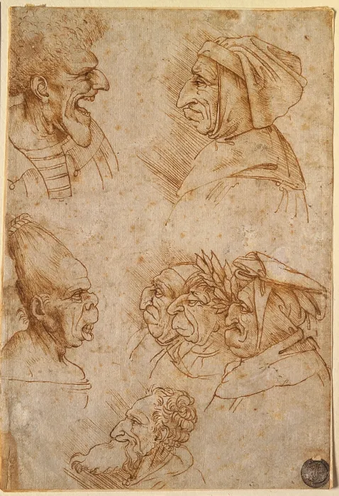 Framed Print : Seven caricature faces, by school of Leonardo da Vinci and copy from Leonardo da Vinci, 16th Century, pen and brown ink on white paper, cm 18 x 12 - Italy, Veneto, Venice