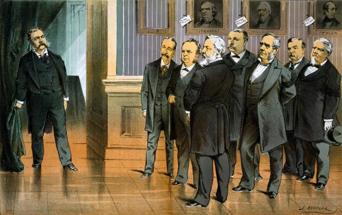 Framed Print : Seven men looking at Pesident Chester A. Arthur; portraits of presidential failures on the wall. Color lithograph, 1881 Framed Print : Seven men looking at Pesident Chester A. Arthur; portraits of presidential failures on the wall. Color lithograph, 1881