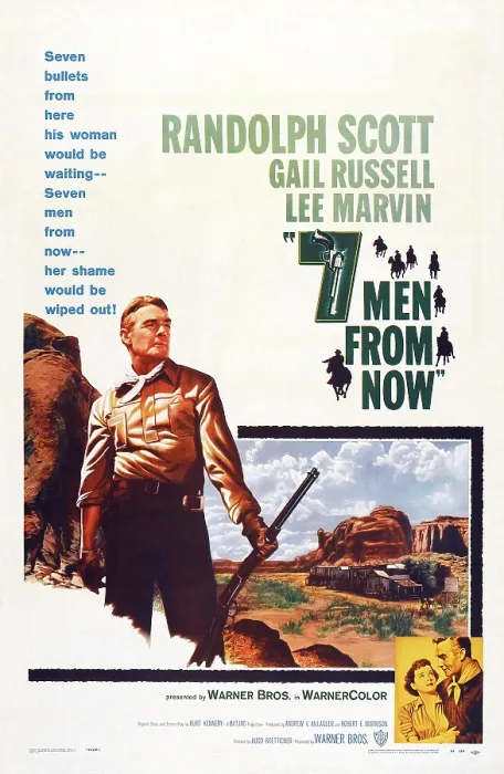 Framed Print : SEVEN MEN FROM NOW, (aka 7 MEN FROM NOW), US poster art, left: Randolph Scott, 1956