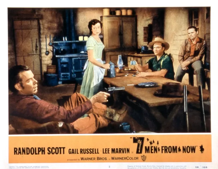 Framed Print : SEVEN MEN FROM NOW, (aka 7 MEN FROM NOW), from left: Lee Marvin, Gail Russell, Walter Reed, Donald Barry, 1956