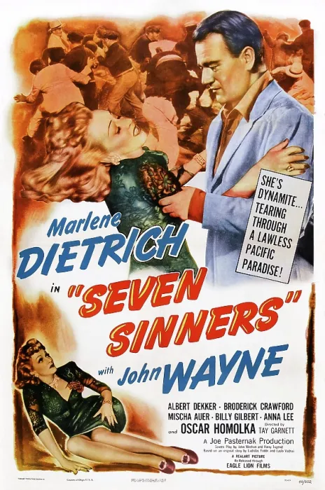Framed Print : SEVEN SINNERS, top from left: Marlene Dietrich, John Wayne, bottom left: Marlene Dietrich featured on 1948 reissue poster, 1940