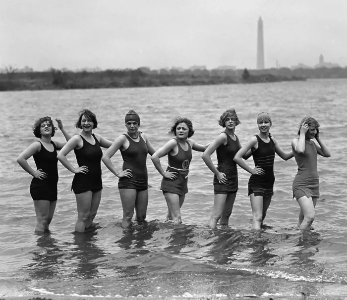 Framed Print : Seven young women in bathing suits in the Potomac River at Arlington Beach, April 29, 1925. In the background is the Washington Monument. (BSLOC_2015_17_200) Framed Print : Seven young women in bathing suits in the Potomac River at Arlington Beach, April 29, 1925. In the background is the Washington Monument. (BSLOC_2015_17_200)