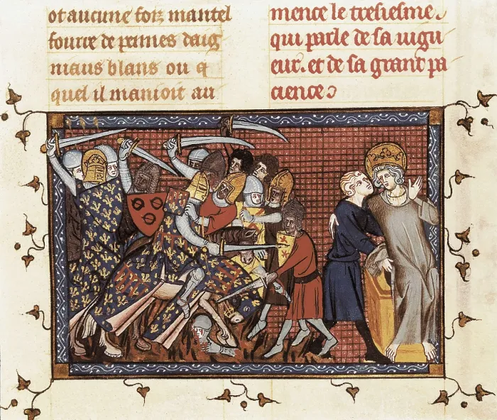 Framed Print : Seventh Crusade (1248-1254). Battle of Mansura (1250). Louis IX and Ysembart le Queu. Fol. 199 of the 'Life and Miracles of Saint Louis' by Guillaume de Saint-Pathus (c) Framed Print : Seventh Crusade (1248-1254). Battle of Mansura (1250). Louis IX and Ysembart le Queu. Fol. 199 of the 'Life and Miracles of Saint Louis' by Guillaume de Saint-Pathus (c)