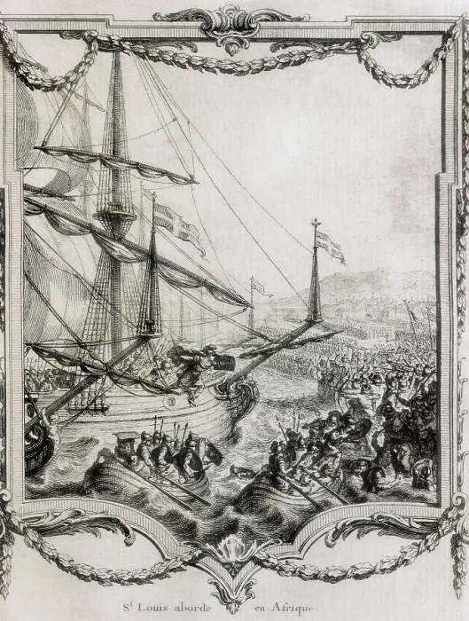 Framed Print : Seventh Crusade (1248). Louis IX disembarking in the north of Africa. Engraving of 'Nouvel abrege chronologique de l'Histoire de France' by Adrien Richer (1767)