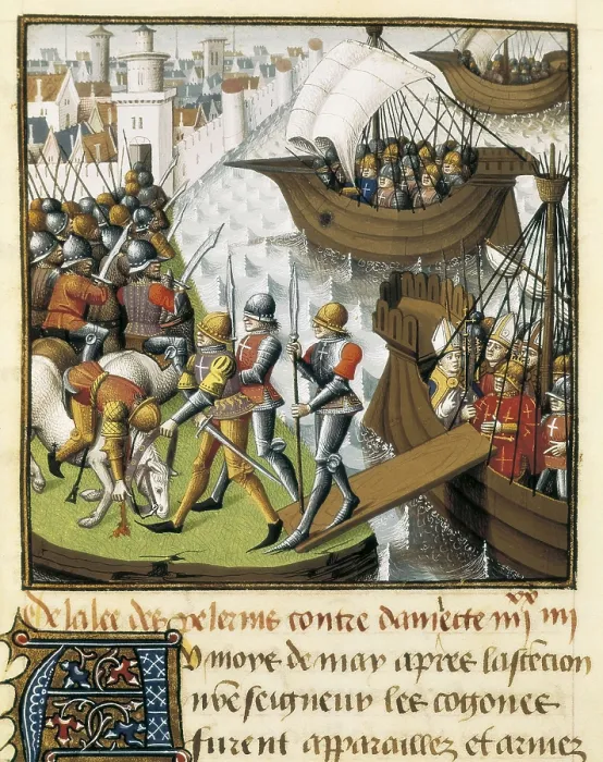 Framed Print : Seventh Crusade. The Crusaders fleet disembarking in Damietta in 1249. Fol