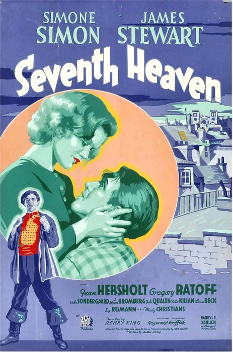 Framed Print : SEVENTH HEAVEN, foreground: James Stewart, background from left: Simone Simon, James Stewart, 1937, TM and Copyright 20th Century Fox Film Corp