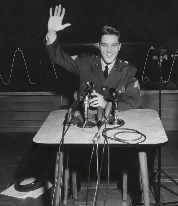 Framed Print : Sgt. Elvis A. Presley answers question for the civilian and military press. March 1, 1960 Framed Print : Sgt. Elvis A. Presley answers question for the civilian and military press. March 1, 1960