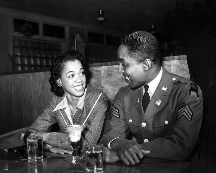 Framed Print : Sgt. Franklin Williams, on leave from army duty, with his best girl Ellen Hardin, splitting a soda. May 1942, during World War 2. (BSLOC_2013_14_251) Framed Print : Sgt. Franklin Williams, on leave from army duty, with his best girl Ellen Hardin, splitting a soda. May 1942, during World War 2. (BSLOC_2013_14_251)