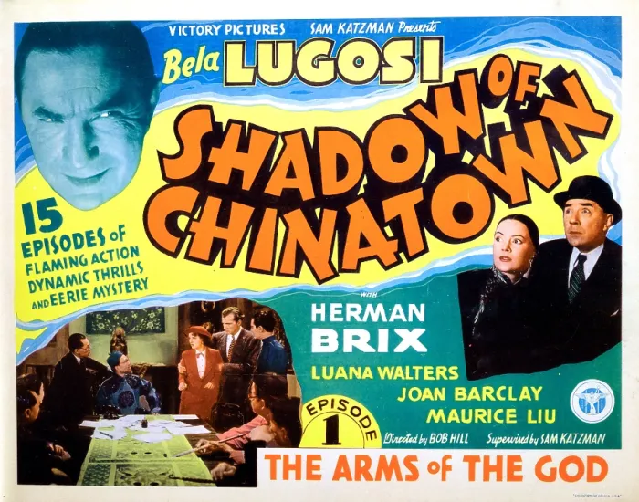 Framed Print : SHADOW OF CHINATOWN, top left: Bela Lugosi, bottom right: Luana Walters, Herman Brix in Episode 1: The Arms Of The God, lobbycard, 1936 Framed Print : SHADOW OF CHINATOWN, top left: Bela Lugosi, bottom right: Luana Walters, Herman Brix in Episode 1: The Arms Of The God, lobbycard, 1936