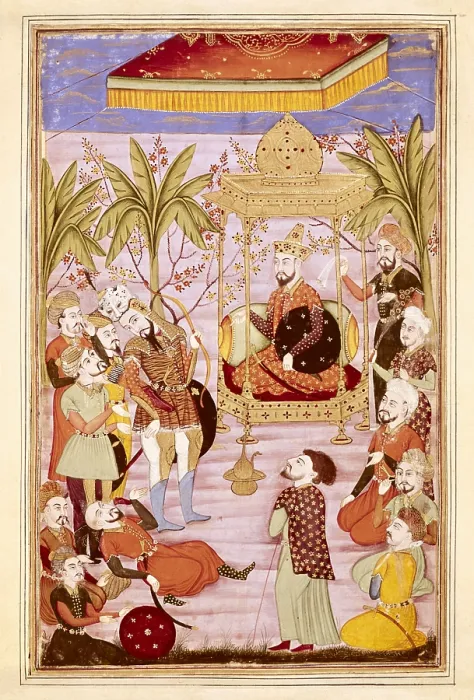 Framed Print : Shahnameh. The Book of Kings. 16th c. Rostam asking Kai Khusrau to pardon Gourguine (Gurgin) who betrayed Bijene. Gouache on paper. F07v. Persian art. Safavid period