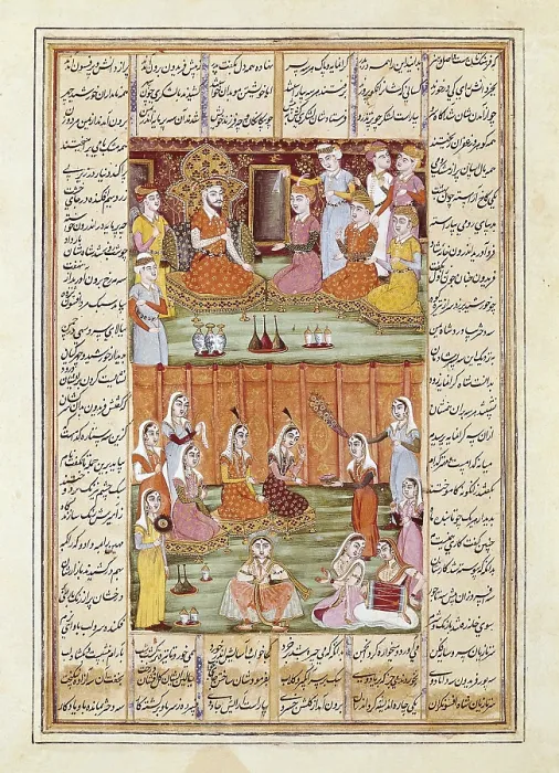 Framed Print : Shahnameh. The Book of Kings. 16th c. Faridun's sons marry the three Daughters of Sero, King of Yemen. Gouache on paper. F03v. Persian art. Safavid period. Miniature Painting Framed Print : Shahnameh. The Book of Kings. 16th c. Faridun's sons marry the three Daughters of Sero, King of Yemen. Gouache on paper. F03v. Persian art. Safavid period. Miniature Painting