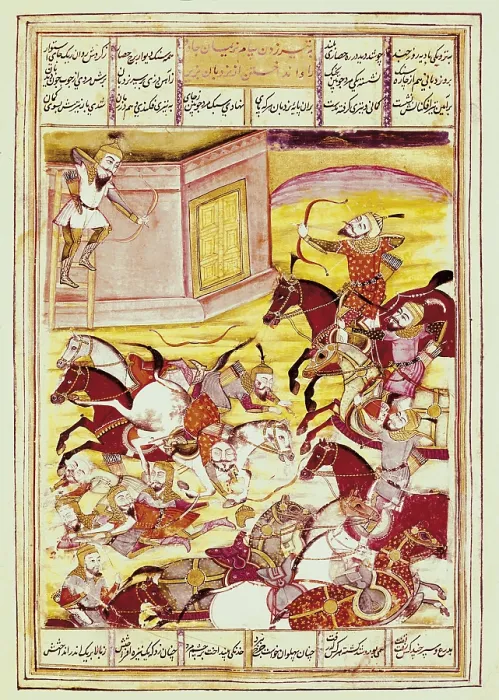 Framed Print : Shahnameh. The Book of Kings. 16th c. Sam shooting an arrow at an archer defending an enchanted castle, from Firdawsi's Shahnama (gouache on paper). F12v Framed Print : Shahnameh. The Book of Kings. 16th c. Sam shooting an arrow at an archer defending an enchanted castle, from Firdawsi's Shahnama (gouache on paper). F12v