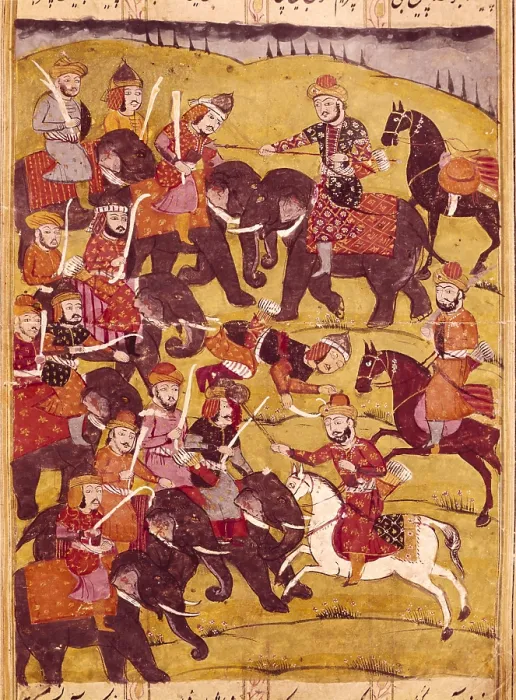 Framed Print : Shahnameh. The Book of Kings. 16th c. Scene depicting a battle with several elephants. Miniature Painting. EGYPT. Cairo. National Library