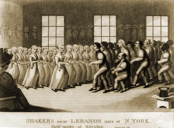 Framed Print : Shakers, separated by gender, performing a step dance in the meeting hall at New Lebanon, New York. Ca. 1830