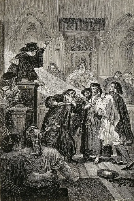 Framed Print : SHAKESPEARE, William (1564-1616). Scene from William Shakespeare's work 'The Merchant of Venice' (ca.1596). Illustration of the trial, 1881. Engraving