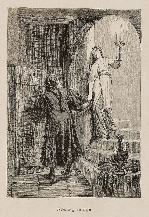Framed Print : SHAKESPEARE, William (1564-1616). Scene from William Shakespeare's work 'The Merchant of Venice' (ca.1596). Illustration of Shylock and his daughter, 1881