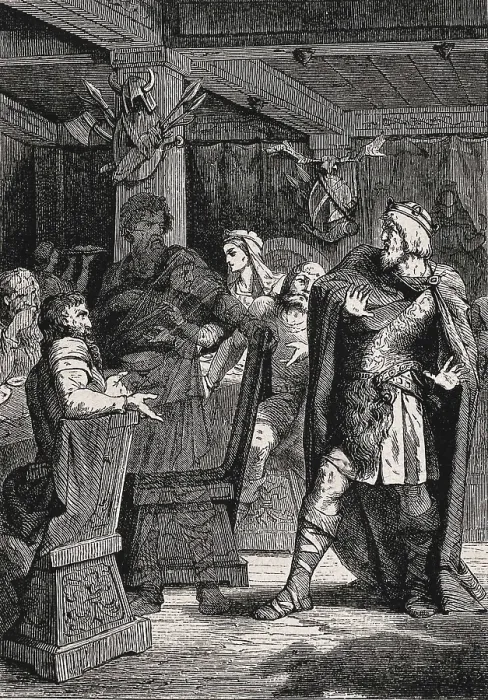 Framed Print : SHAKESPEARE, William (1564-1616). Scene with Macbeth's feast, from William Shakespeare's work 'Macbeth' (1606). Illustration from 1881. Engraving