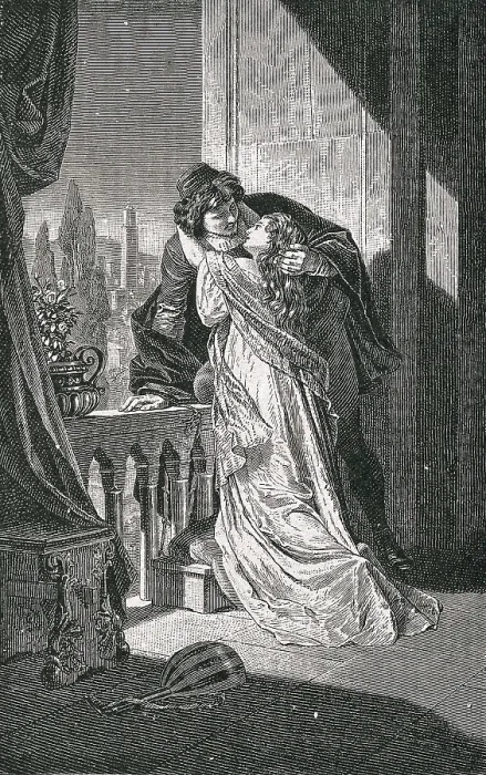 Framed Print : SHAKESPEARE, William (1564-1616). Illustration for William Shakespeare's work 'Romeo and Juliet', written in 1595. Scene of the farewell of Romeo and Juliet Framed Print : SHAKESPEARE, William (1564-1616). Illustration for William Shakespeare's work 'Romeo and Juliet', written in 1595. Scene of the farewell of Romeo and Juliet