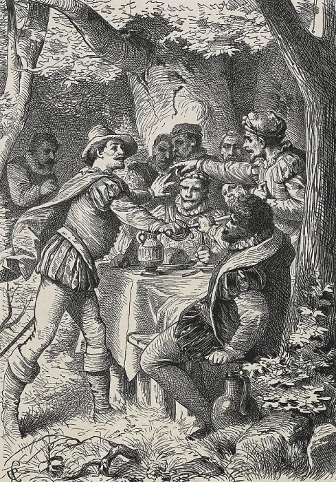 Framed Print : SHAKESPEARE, William (1564-1616). Illustration for William Shakespeare's work 'As you like', written between 1599 and 1600. Scene with Orlando talking to the guests