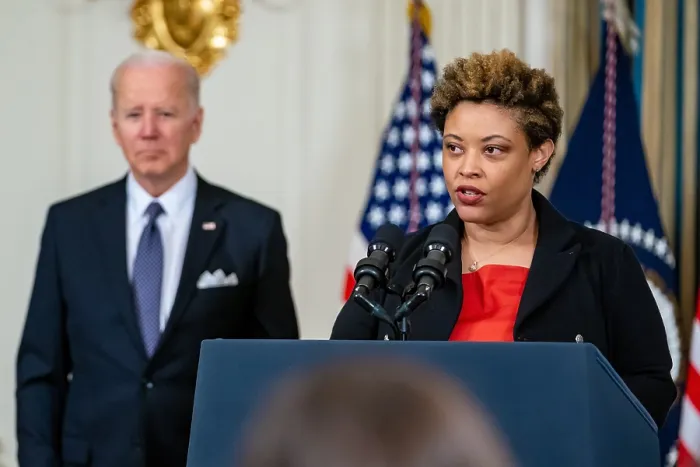 Framed Print : Shalanda Young, Director of the Office of Management and Budget speaks before President Joe Biden announces the Budget for Fiscal Year 2023