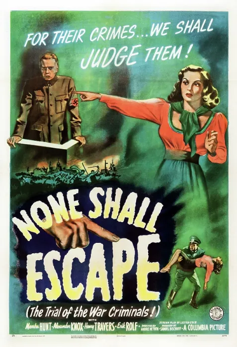 Framed Print : NONE SHALL ESCAPE, US poster art, Marsha Hunt, (right), 1944 Framed Print : NONE SHALL ESCAPE, US poster art, Marsha Hunt, (right), 1944