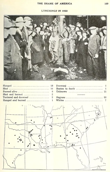 Framed Print : Shame of America. Lynching in 1922. Page from CRISIS magazine edited by W. E. B. Du Bois for the NAACP. Below the image, are a map and details of 60 Southern lynchings in 1922