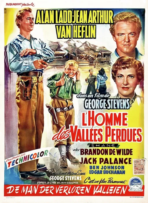 Framed Print : SHANE, (aka L'HOMME DES VALLEES PERDUES), l-r: Alan Ladd, Brandon DeWilde, right from top: Van Heflin, Jean Arthur on Belgian poster art, 1953