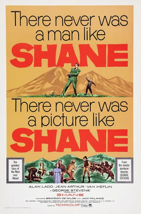 Framed Print : SHANE, US poster art, top, from left: Alan Ladd, Brandon De Wilde, 1953