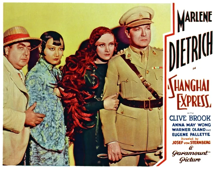 Framed Print : SHANGHAI EXPRESS, US lobbycard, from left: Eugene Pallette, Anna May Wong, Marlene Dietrich, Clive Brook, 1932