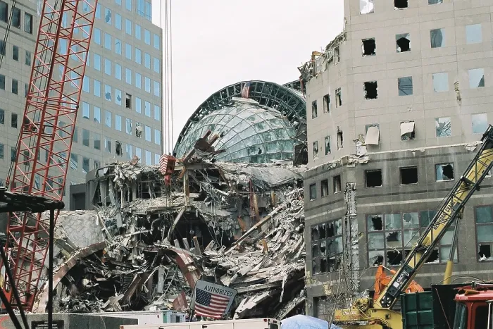 Framed Print : Shattered glass roof of the Winter Garden, at World Financial Center on Sept. 27, 2001. Debris flew over 200 meters from the collapsing of WTC 1, the North Tower