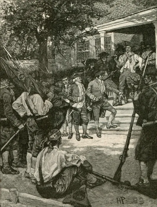 Framed Print : Shay's Rebellion mob in possession of a court house in 1786