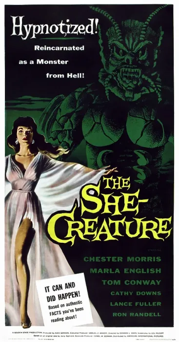 Framed Print : THE SHE-CREATURE, US poster art, from left: Marla English, Paul Blaisdell, 1956