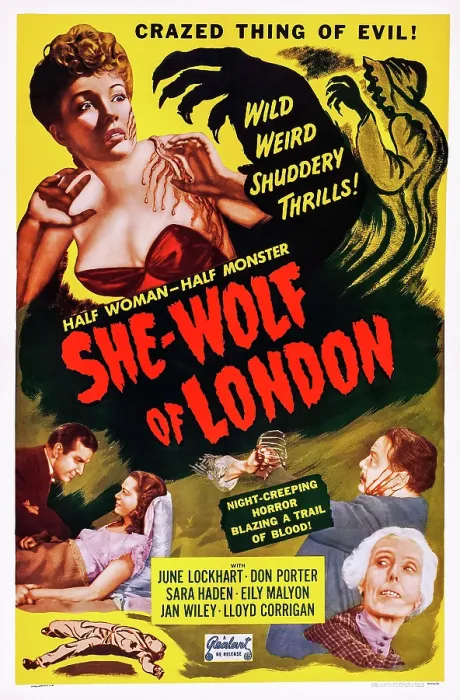 Framed Print : SHE-WOLF OF LONDON, US poster art, top left: Jan Wiley; bottom left: Don Porter, June Lockhart; bottom right with blood on face: Lloyd Corrigan, 1946 Framed Print : SHE-WOLF OF LONDON, US poster art, top left: Jan Wiley; bottom left: Don Porter, June Lockhart; bottom right with blood on face: Lloyd Corrigan, 1946