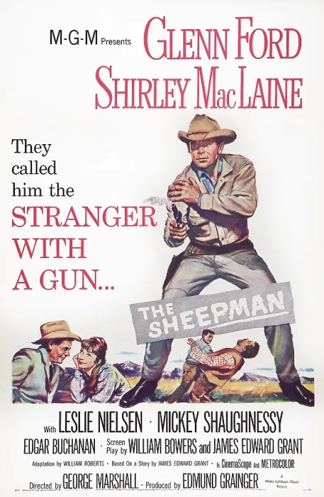 Framed Print : THE SHEEPMAN, (aka STRANGER WITH A GUN), top right: Glenn Ford, bottom from left: Glenn Ford, Shirley MacLaine on poster art, 1958