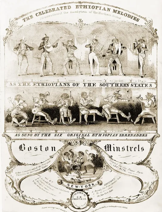 Framed Print : Sheet music cover illustrated with caricatures of six minstrels in two scenes