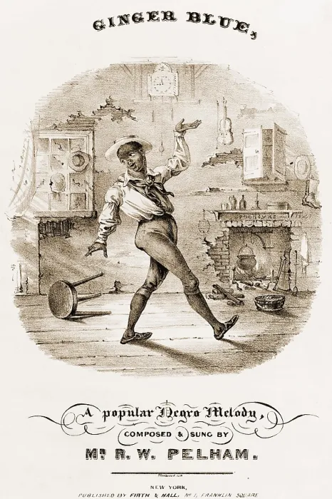 Framed Print : Sheet music cover showing an African American dancing in dilapidated room, with kettle in fireplace