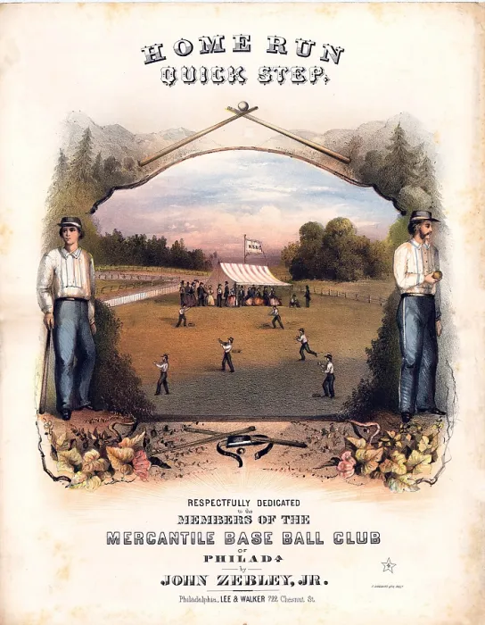 Framed Print : Sheet music cover showing baseball players on the field and spectators under the tent of the Mercantile Base Ball Club of Philadelphia. 1861