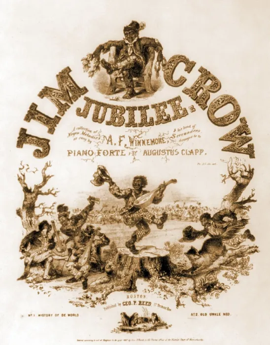 Framed Print : Sheet music cover titled, JIM CROW JUBILEE, of Negro Melodies illustrated with caricatures of ragged African American musicians and dancers
